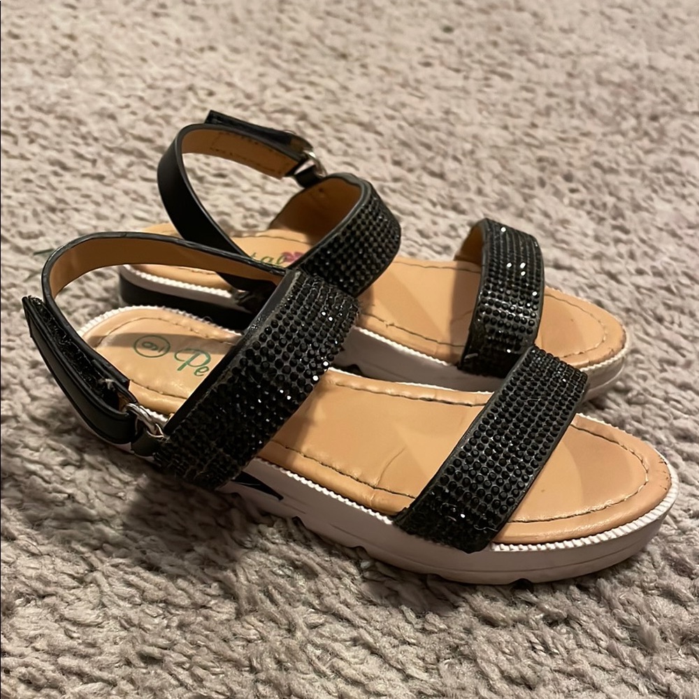 9C girls Black Strappy Sandals with Rhinestones